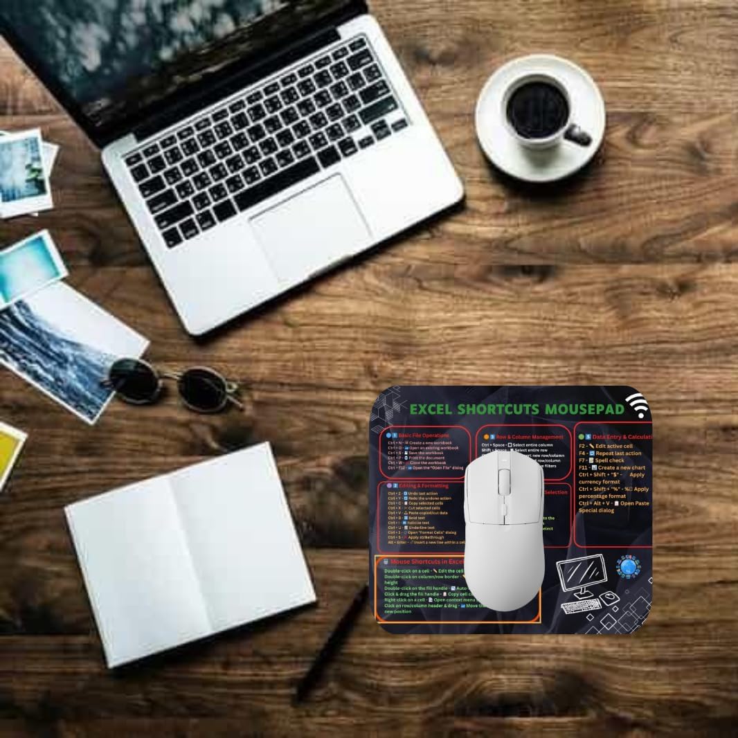 Mouse pad with Rubber Base Anti Slip 3mm Thickness for Speed and Precision Operation, Smooth Cloth Surface ptimised for All Mouse Sensors Surface (Excel Shortcuts)