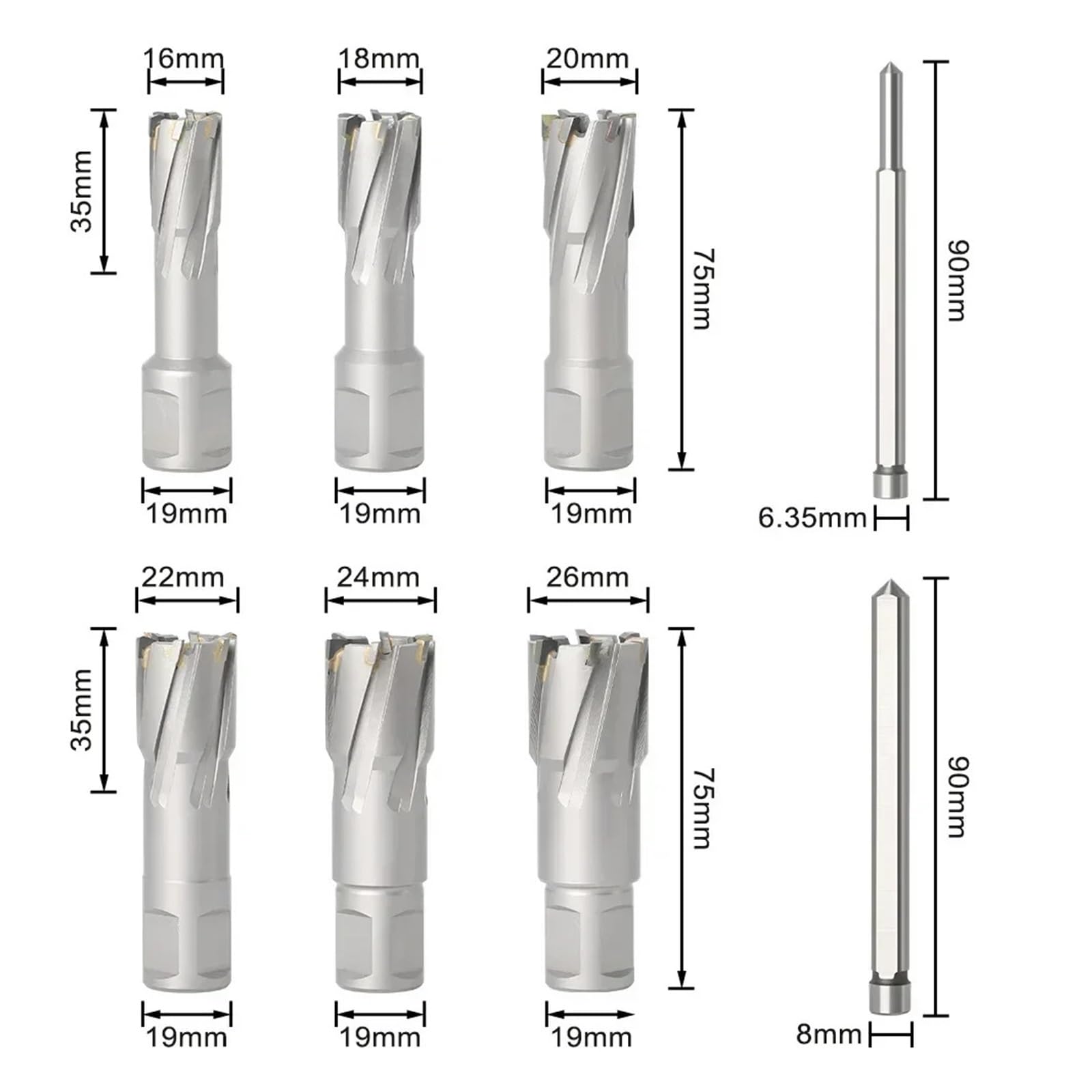 Juego De 6 Brocas De Carburo De Tungsteno For Perforación De Acero Inoxidable, 6-26 Mm X 35 Mm, For Carpintería