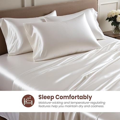 Miniatura 3 de Bedify Bedding Juego de sábanas de satén de seda 100% pura, 7 piezas, sábana bajera de seda de bolsillo profundo de 15 pulgadas, sábana encimera de