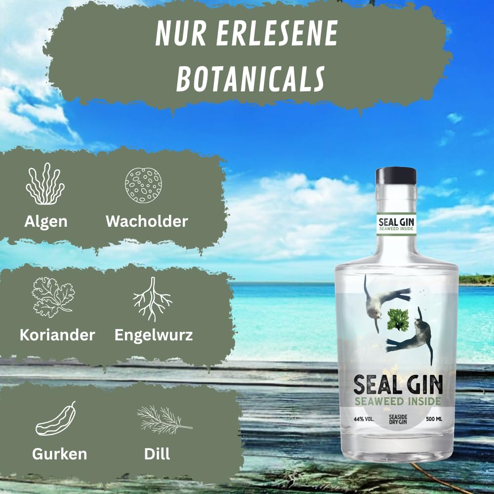 SEAL GIN Seaweed Inside | Maritimer London Dry Gin 0,5 l | Mit Rot-, Grün- & Braunalgen aus nachhaltigem Anbau | Botanicals: Wacholder, Koriander, Engelwurz, Gurke & Dill | 44% Vol.