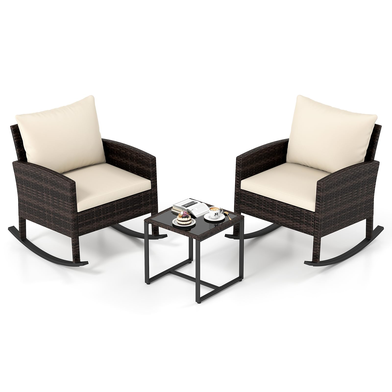 COSTWAY Set Salotto da Giardino in Rattan, Set Mobili da Eterno con 2 Poltrone a Dondolo, Tavolino in Vetro Temperato e Comodi Cuscini con Fodera Lavabile per Cortile e Balcone (Beige)