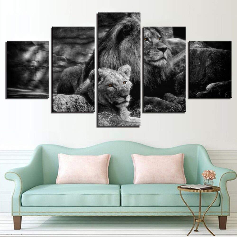 HUUDNHYK Canvas Wall Art Printed Home Decor Poster in Module 5 Pieces Black White Layer Image Animal Lion