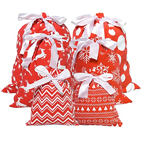 Pomeat 6 Pcs Christmas Fabric Gift Bags, 3 Sizes Christmas Bags for Gifts with Drawstrings, Christmas Drawstring Gift Bags for Holiday Gift Giving, Holiday Presents Decor, Christmas Party Favor (Red)