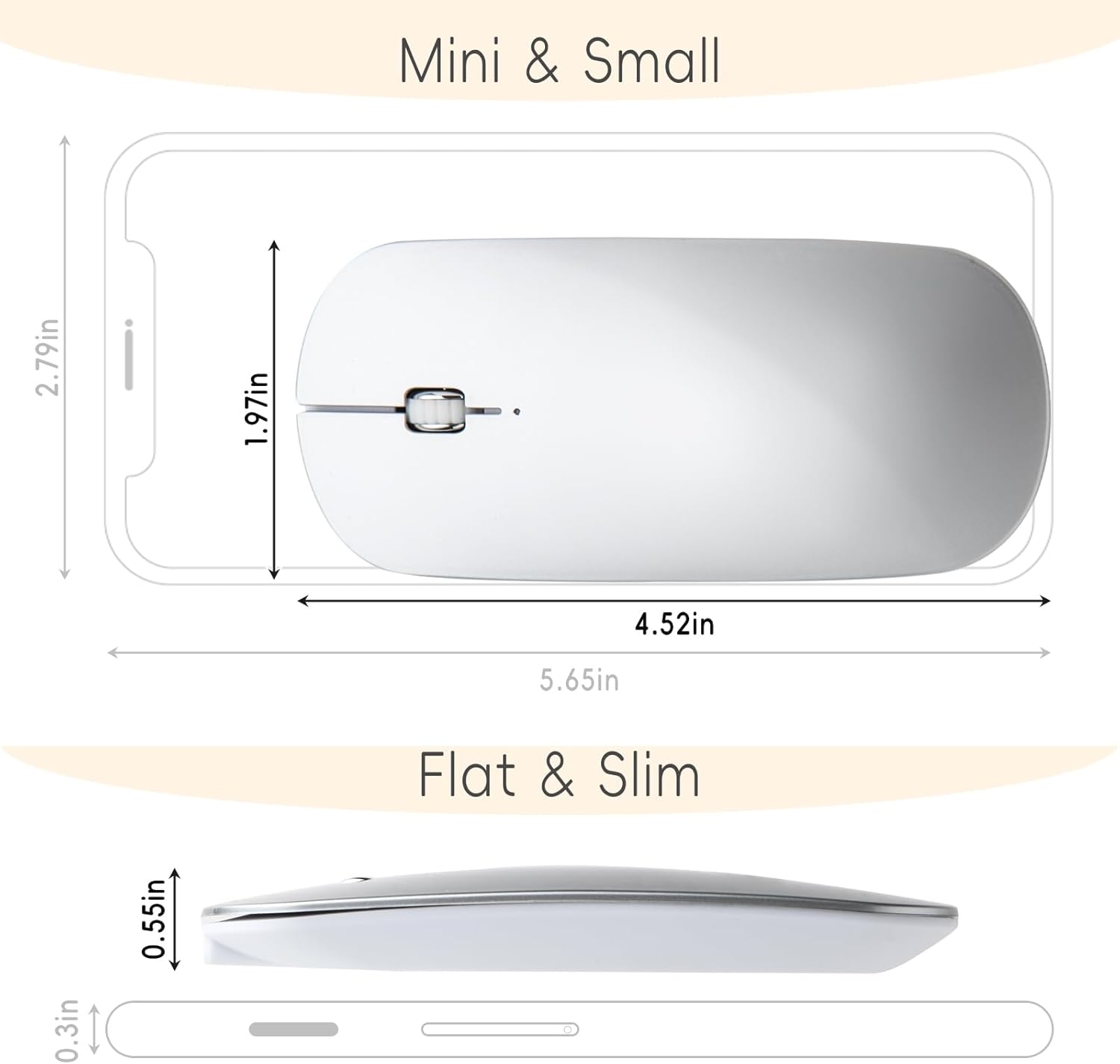 Bluetooth Mouse Slim Mini Portable Flat Travel Wireless Mouse Rechargeable t Ultra Thin Mice Quie Compatible with Laptop PC Notebook Tablet (Silver)
