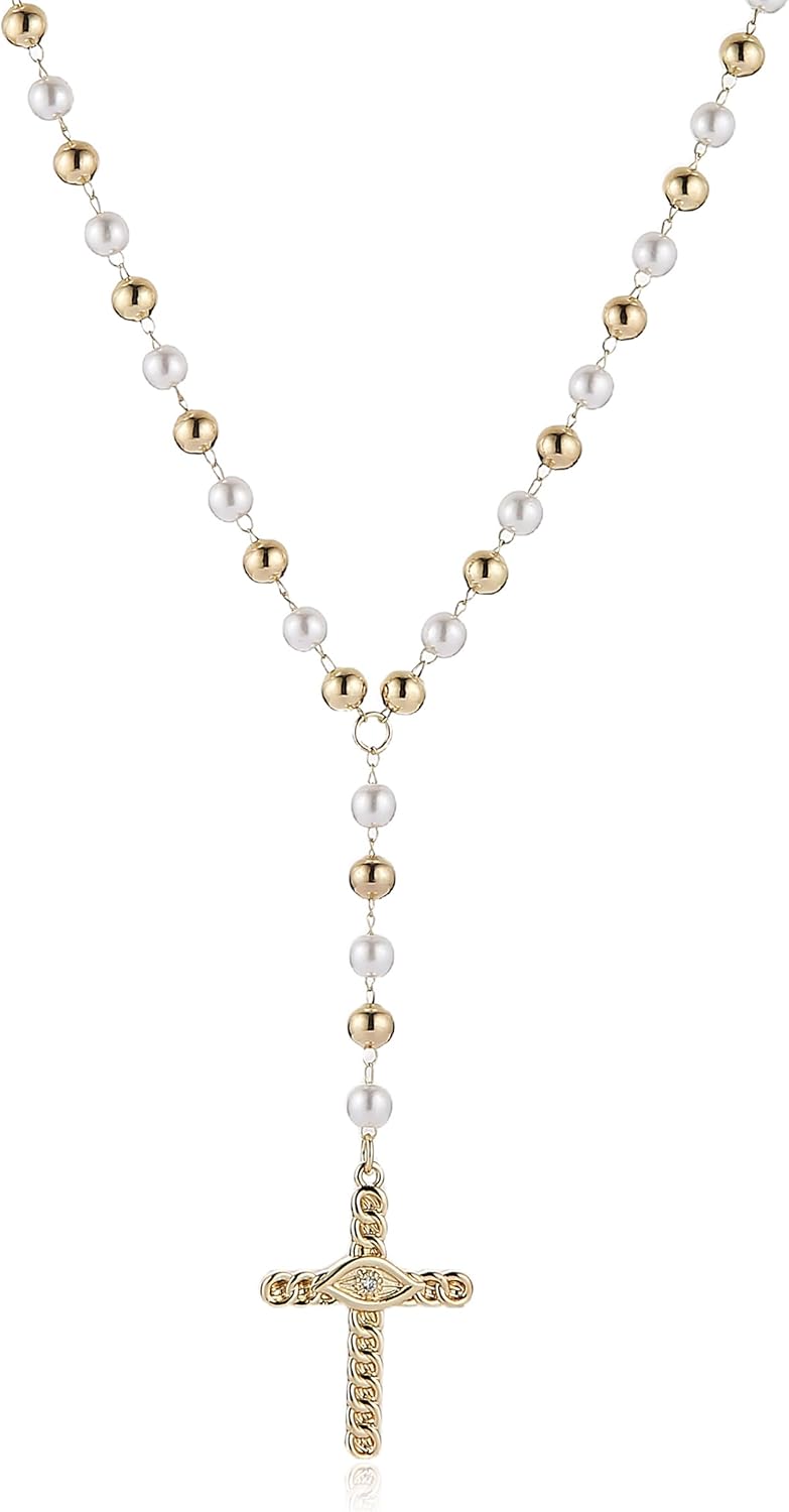 HZMAN 14K Gold Plated Brass Evil Eyes Cross Pendant 24In Y-shaped Pearl Necklace Jewelry Gift