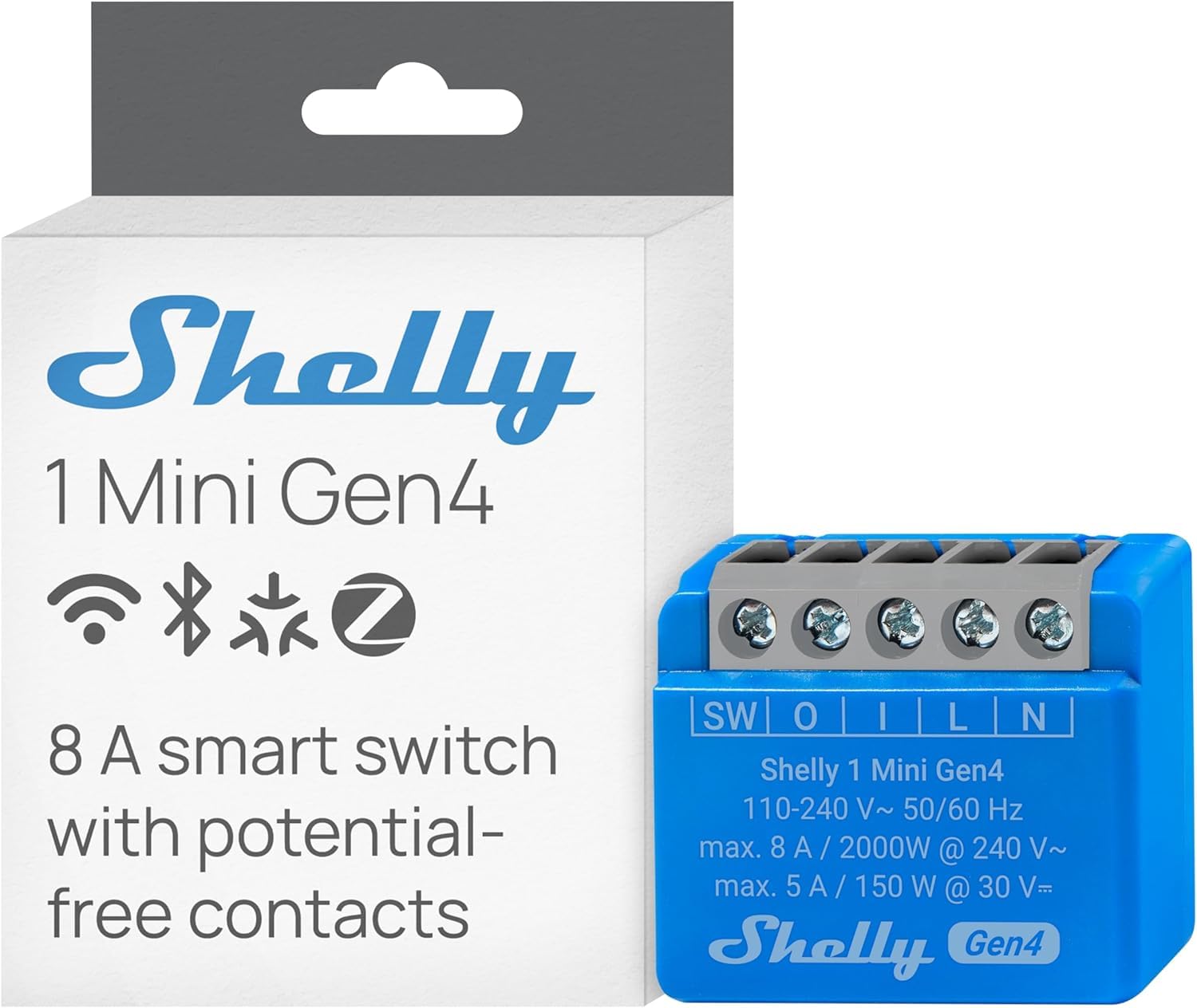 Shelly 1 Mini Gen4, paquete de 4, interruptor de relé inteligente WiFi, 1 canal, 8A, contacto sin potencial, automatización del hogar, control remoto, no se requiere hub, Alexa, Google Home, Apple