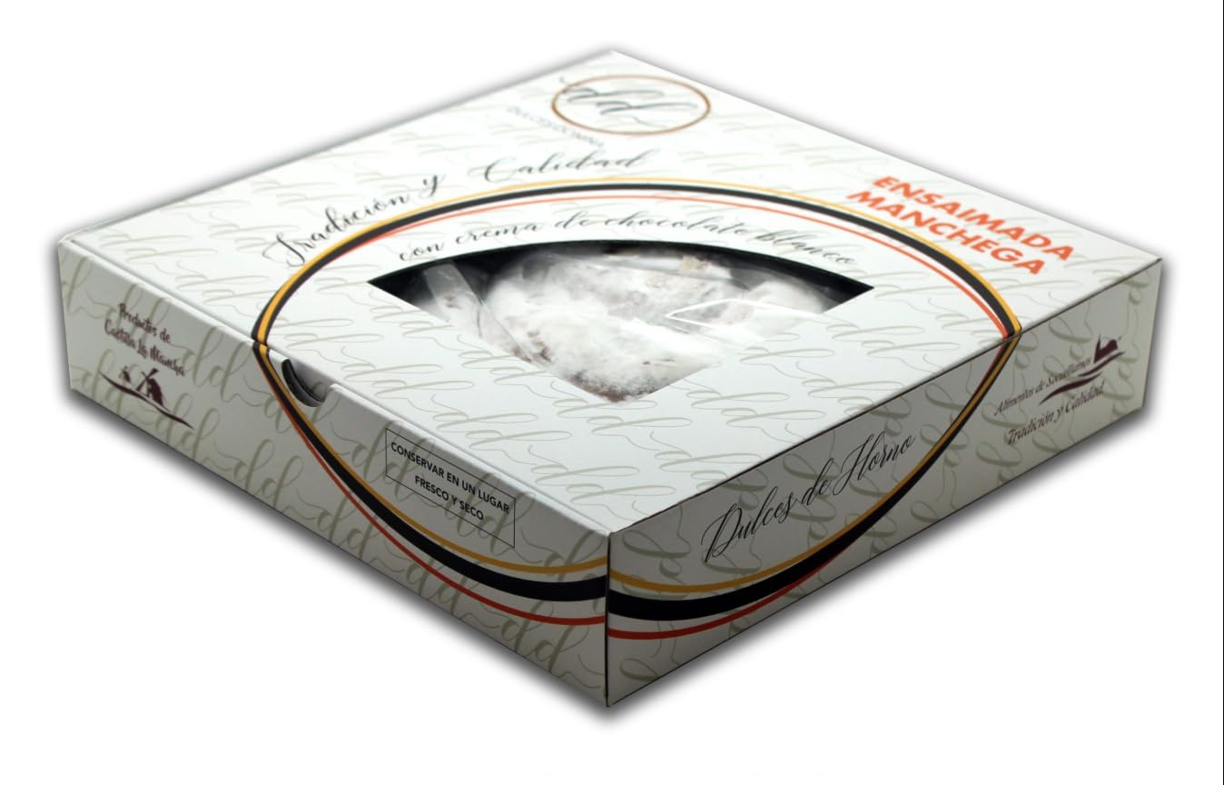 Ensaimada Artesana Manchega con Crema de Chocolate Blanco 325 g (Paquete de 1) - Caja de Almacenamiento Alimentaria