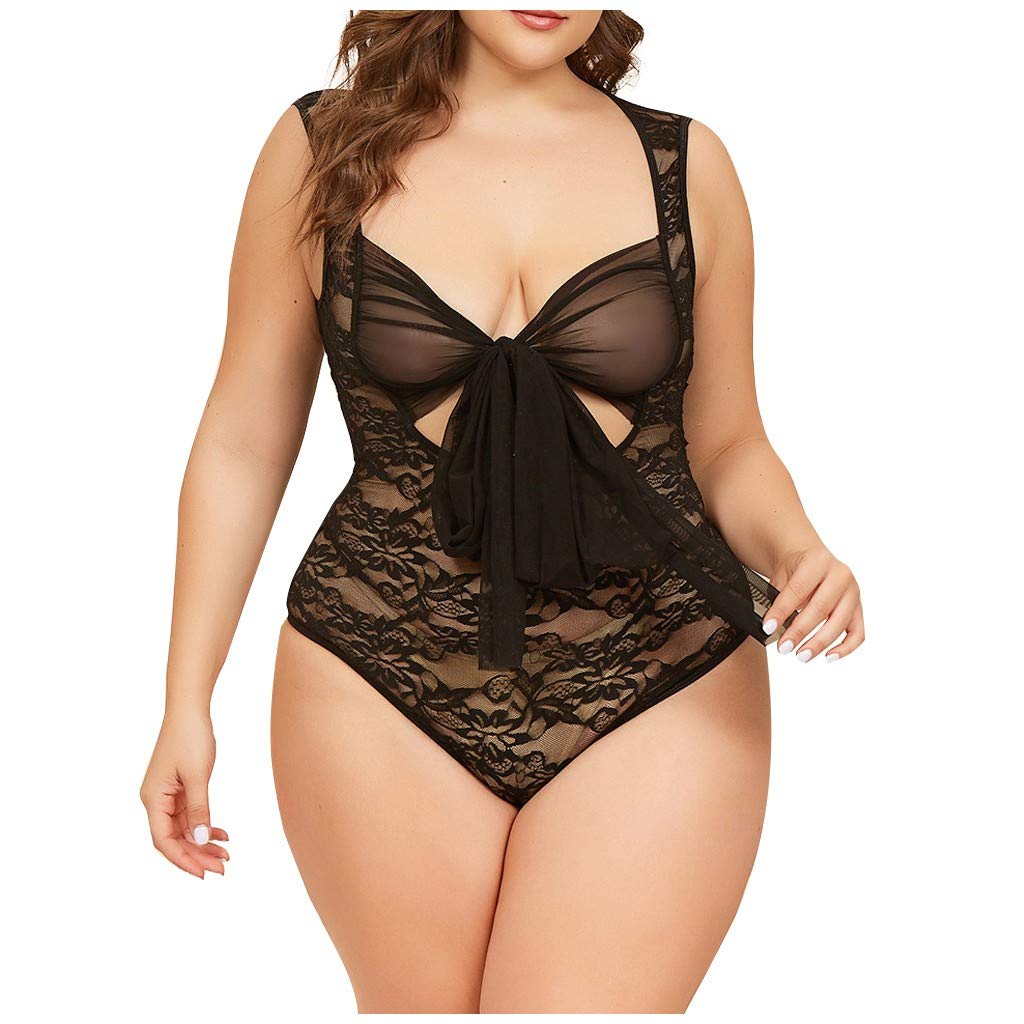 Lethez Women's Sexy Eyelash Lace Bodysuit Plus Size Lace Panel Front Bowknot Tie Teddy Lingerie (4XL, Black)