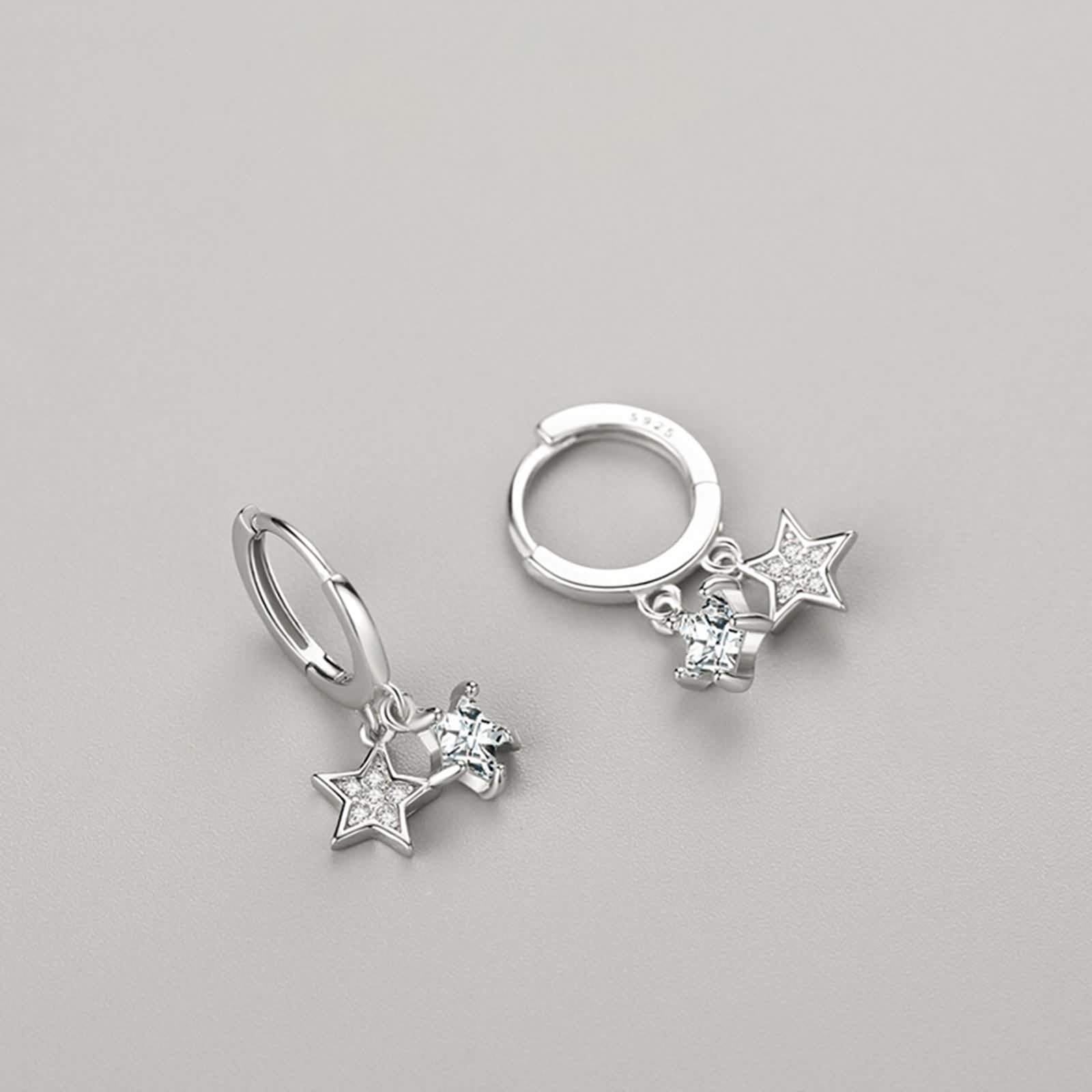 Orecchini in argento 925 da appendere, orecchini in argento elegante, a stella, zirconi, forma rotonda, gioielli da donna