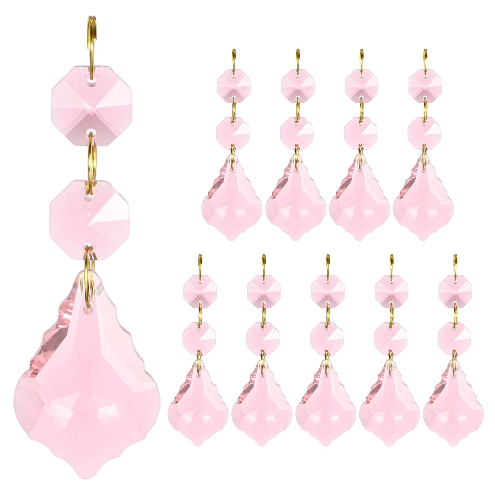 M METERXITY 10PCS Crystal Suncatcher 2 Leaves Prisms Pendants Ornament, 38mm Chandelier Hanging Crystal Sun Catcher Beads for Home Garden Windows Wedding DIY Decoration [Pink]