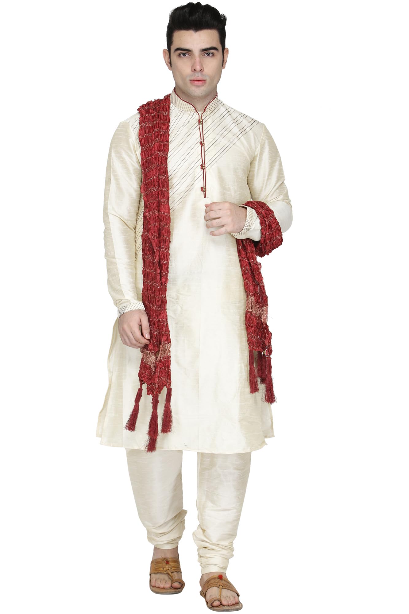 Amazon Brand - AnarvaMen's Dupion Silk Embroidered Kurta Set with Scarf Woven Design Thread Work 3-Piece Ethnic Dress