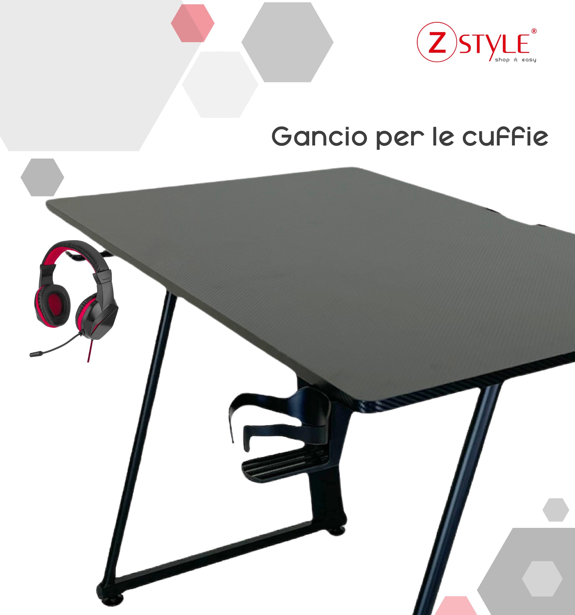 ZStyle Tavolo scrivania da Gaming Desk Postazione Computer Carbonio porta Cuffie Portabicchiere Laptop da Gioco Gestione Cavi Ergonomica Gamer (M)
