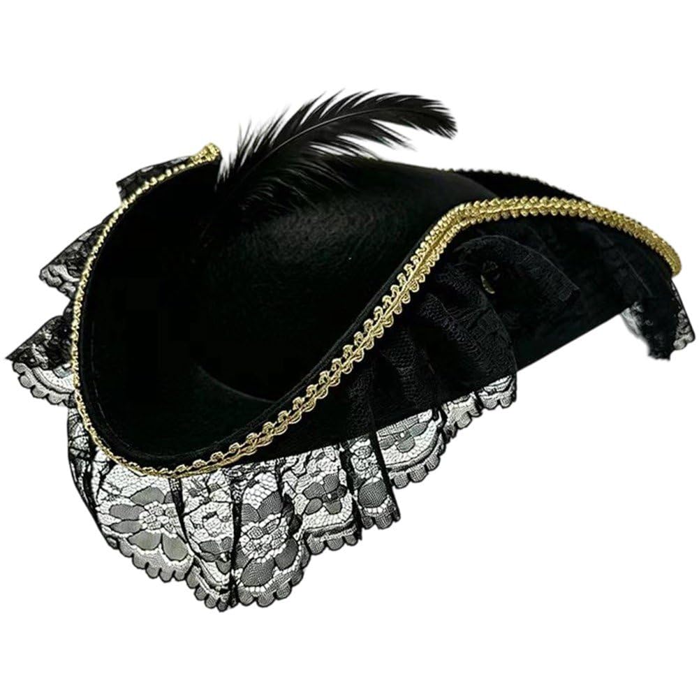 Lamdbao Pirate Hat with Feather and Lace Trim Pirate Costume Accessories, Halloween Cosplay Costume Hats Medieval Colonial Tricorn Hat