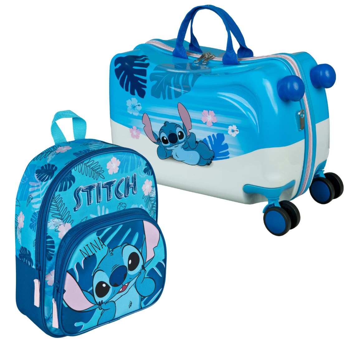 Kinderkoffer Ride-On Disney Stitch, Koffer Set mit Kinderrucksack, Personalisiert mit Name, Trolley zum Draufsitzen, Handgepäck Reisekoffer