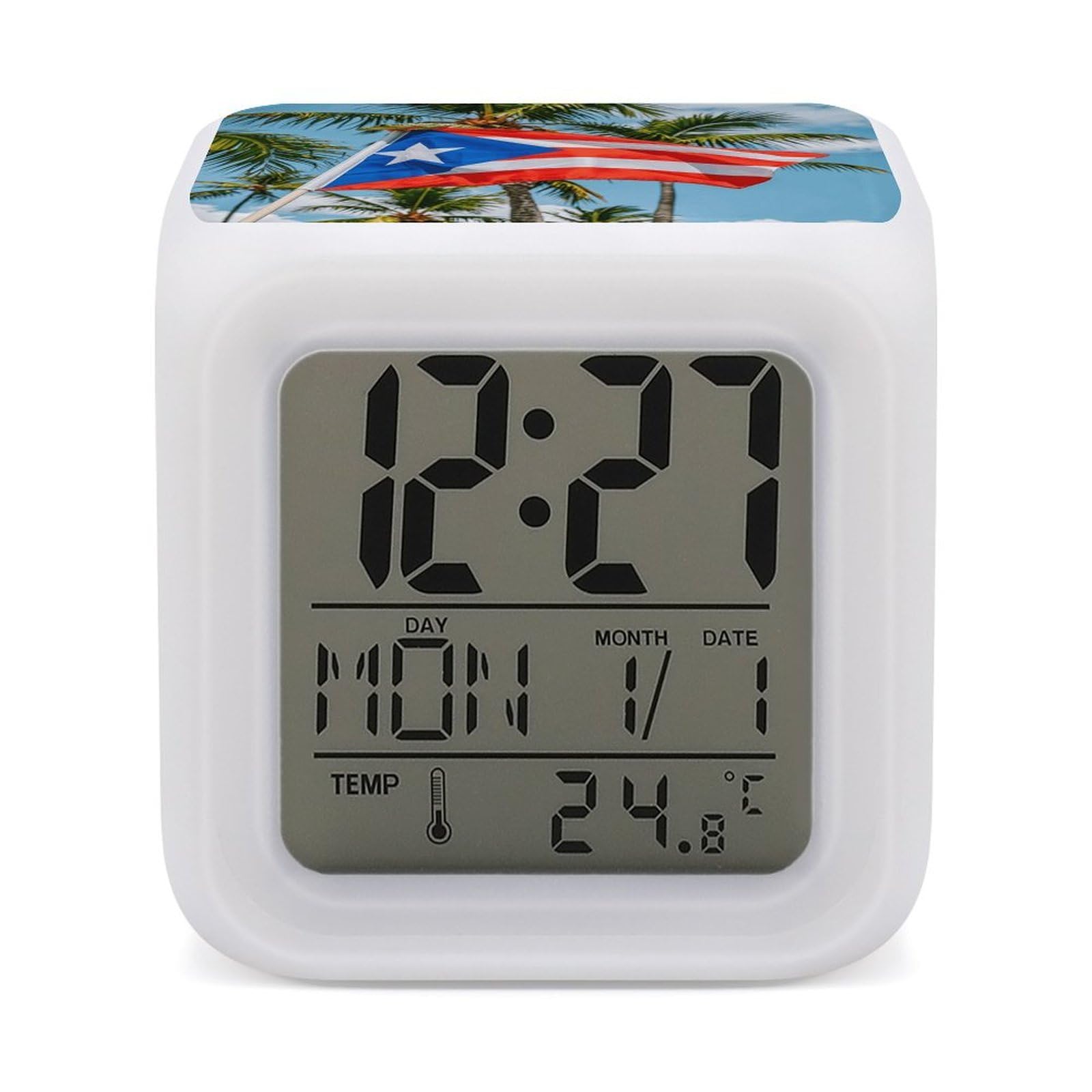 7 Color Ambient Night Light Cube Battery Operated Puerto Rico Flags Frog Palm Trees Digital Clock with Snooze Temperature LED Digital Alarm Clocks Dimmable Wake Up Light Portable Mood Lamp for Bedroom
