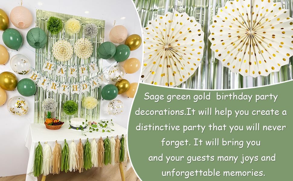 Miniatura 9 de Decoraciones de fiesta de cumpleaños verde salvia con pancarta de feliz cumpleaños, cortina de flecos de globos verde oliva dorado para niñas y
