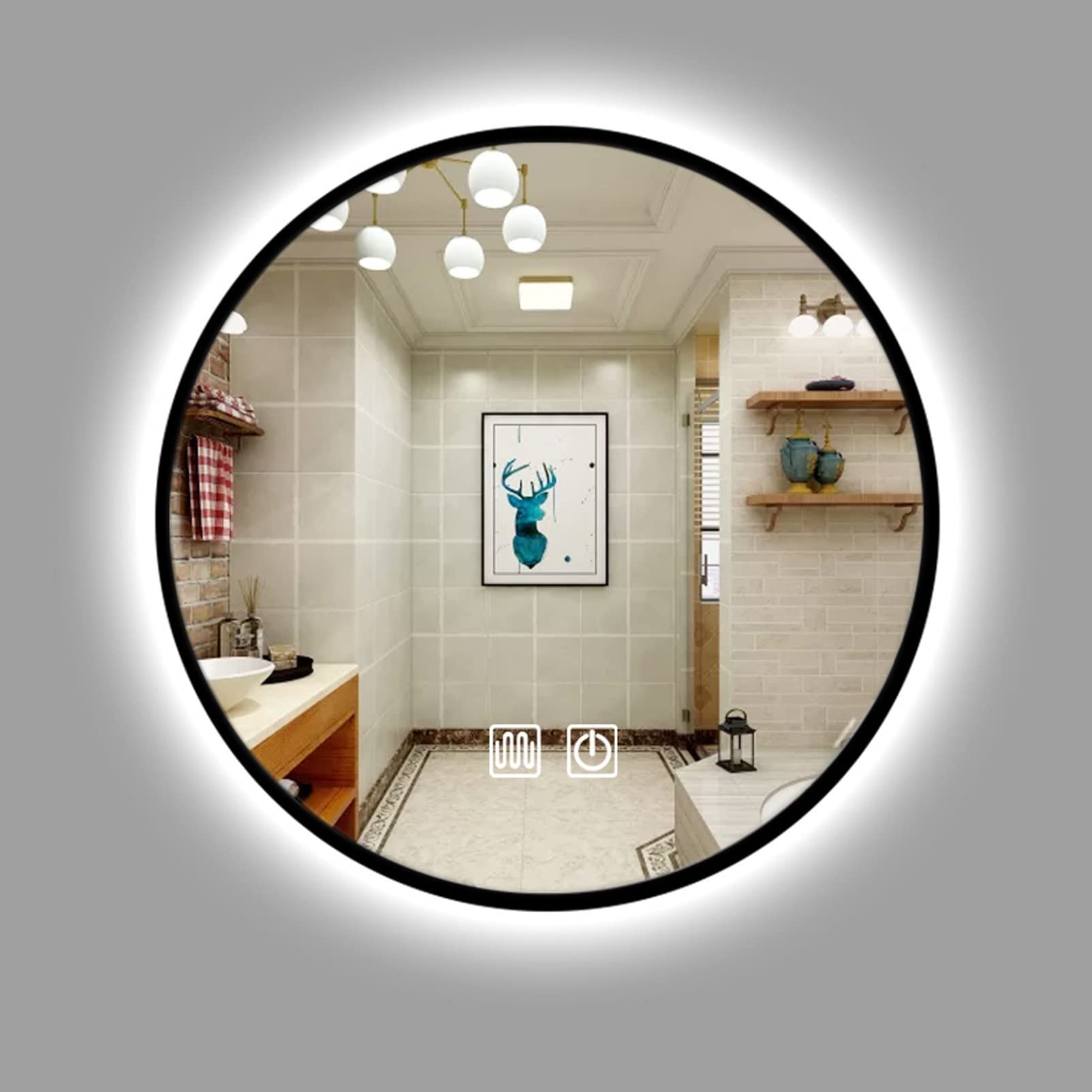 Specchio Rotondo a LED per rasatura, Specchio per toeletta con Luce, Specchio cosmetico per Doccia Illuminato, Specchio per Trucco con Cornice Nera illuminata, Grande Specchio cosmetico per