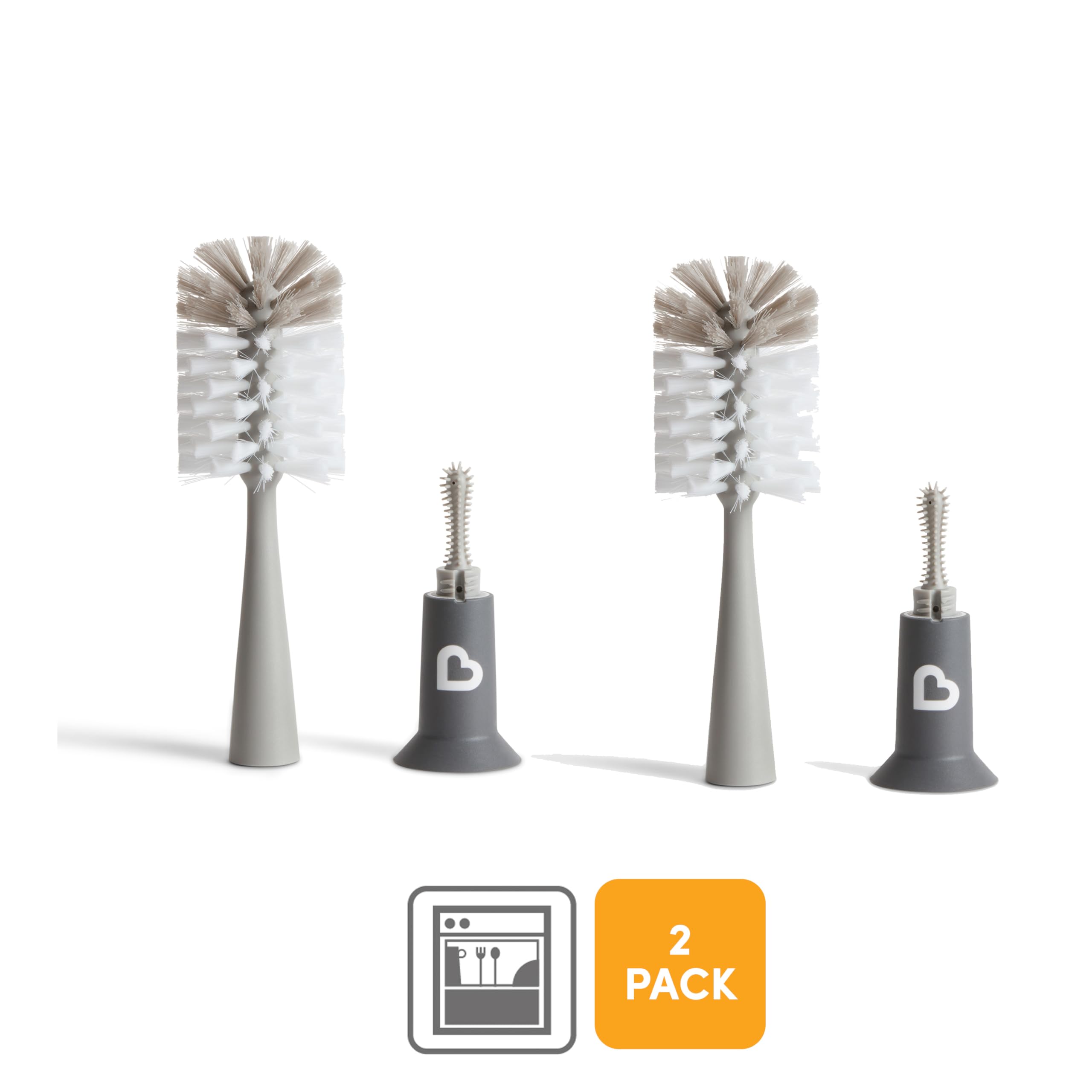 Cepillo para biberones Munchkin con cerdas | Cepillo para botellas con limpiador de tetinas integrado | Cepillos Deluxe de limpieza | Esenciales para recién nacidos | Gris | Pack de 2