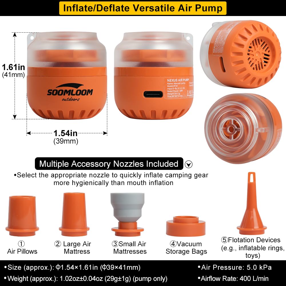 Soomloom Nexus Pompe à air micro électrique Gonfleur/dégonfleur ultra-compacte de type C pour matelas de camping et équipement d'extérieur