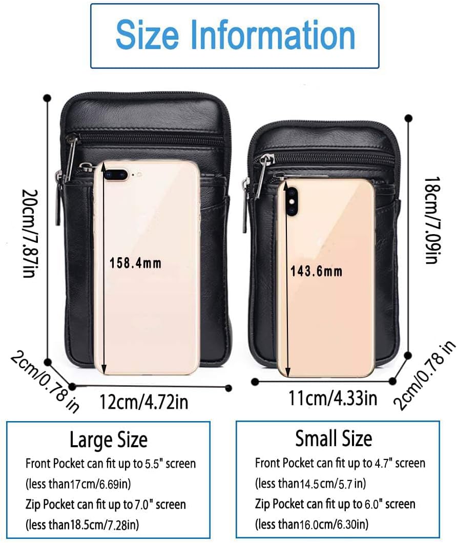 Leather Small Shoulder Bag Waist Belt Pouch Crossbody Bag for 7.0" Cell Phone Money Carrying Case Purse Wallet Bum Bag Fanny Pack for Men Women L Size Style2-Black