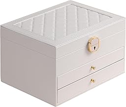 GUOER Jewelry Box for Women Girl Wife3 Layers Large PU Leather Jewelry Organizer Storage Case with Two Layers Display for Earrings Bracelets Rings Watches (White)