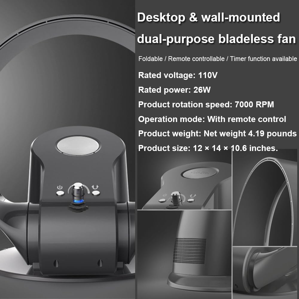 Bladeless Tower Fan Cooling Fan for Home Office Bedroom, Eco Ceramic Heater with Timer, Wall Mount Table Fan, 80° Oscillating Fans for Indoors(Silver)