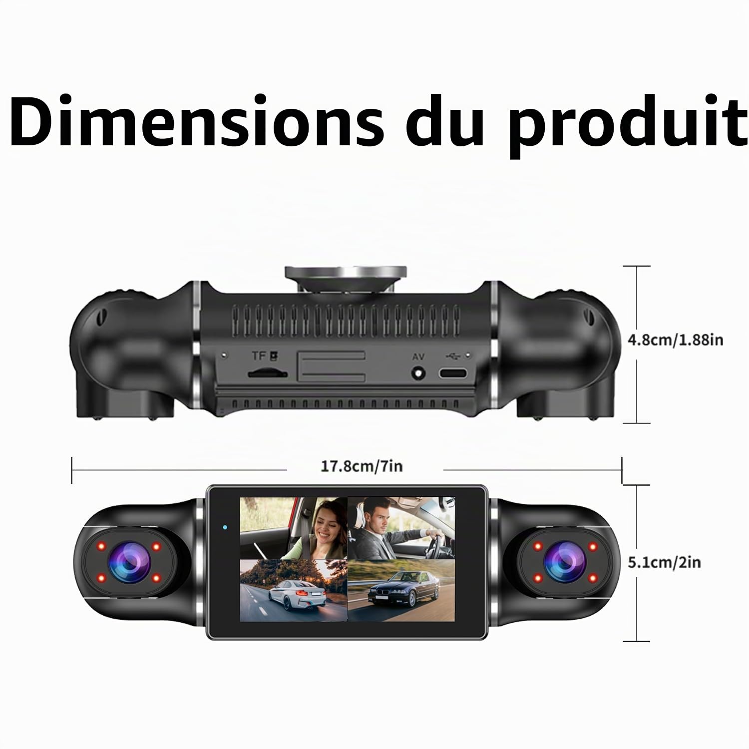 Caméra de tableau de bord 360 ° avant et arrière 4 canaux FHD 4 x 1080p, intérieur/arrière 170° + 2 x 150 ° + 170 ° grand angle, 8 lampes infrarouges, vision nocturne, WiFi 5G, GPS, application