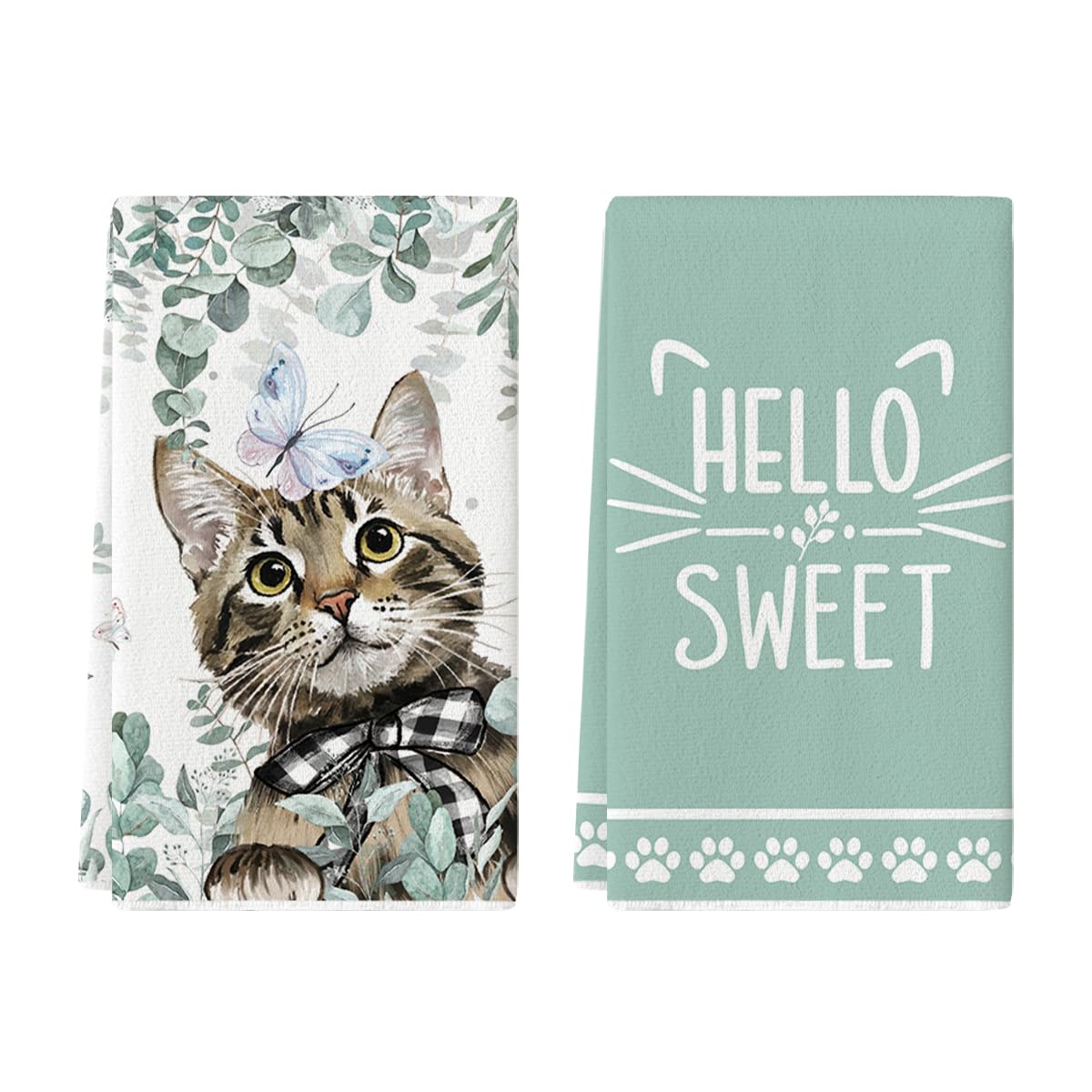 Artoid Mode Eucalyptus Leaves Cat Hello Sweet Kitchen Towels Dish Towels, 18x26 Inch Buffalo Plaid Bow Tie Holiday Decoration Hand Towels Set of 2