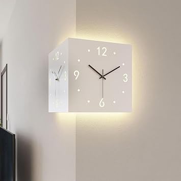 Double Sided Corne Wall Clock, Sensor Luminous Corner Wall Clock with Numeral Scale Battery Operated Silent for Bedroom, White A
