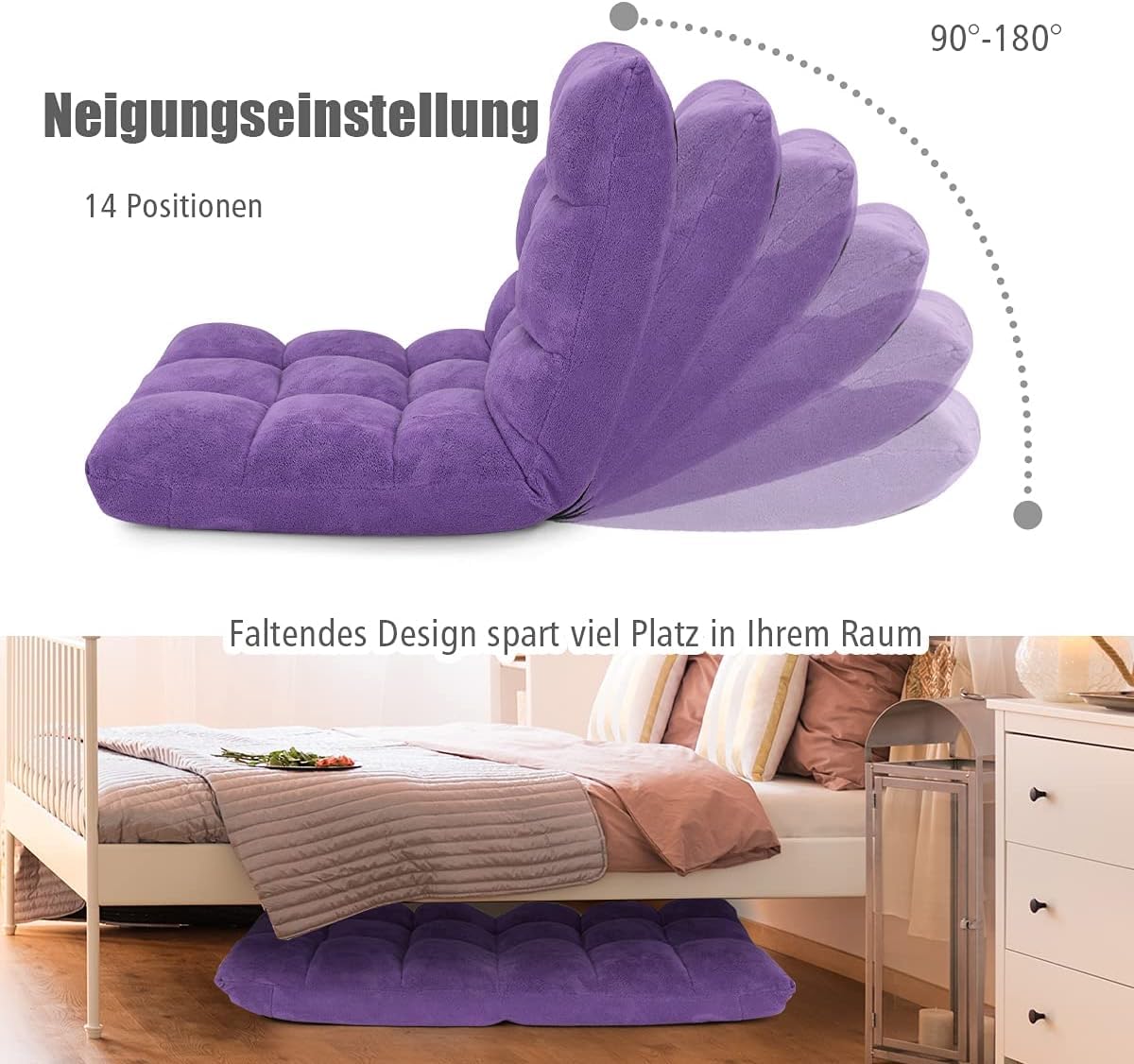 FANTASK Silla de Suelo con Respaldo Ajustable, Acolchado, cojín de Suelo, Plegable, Color Morado