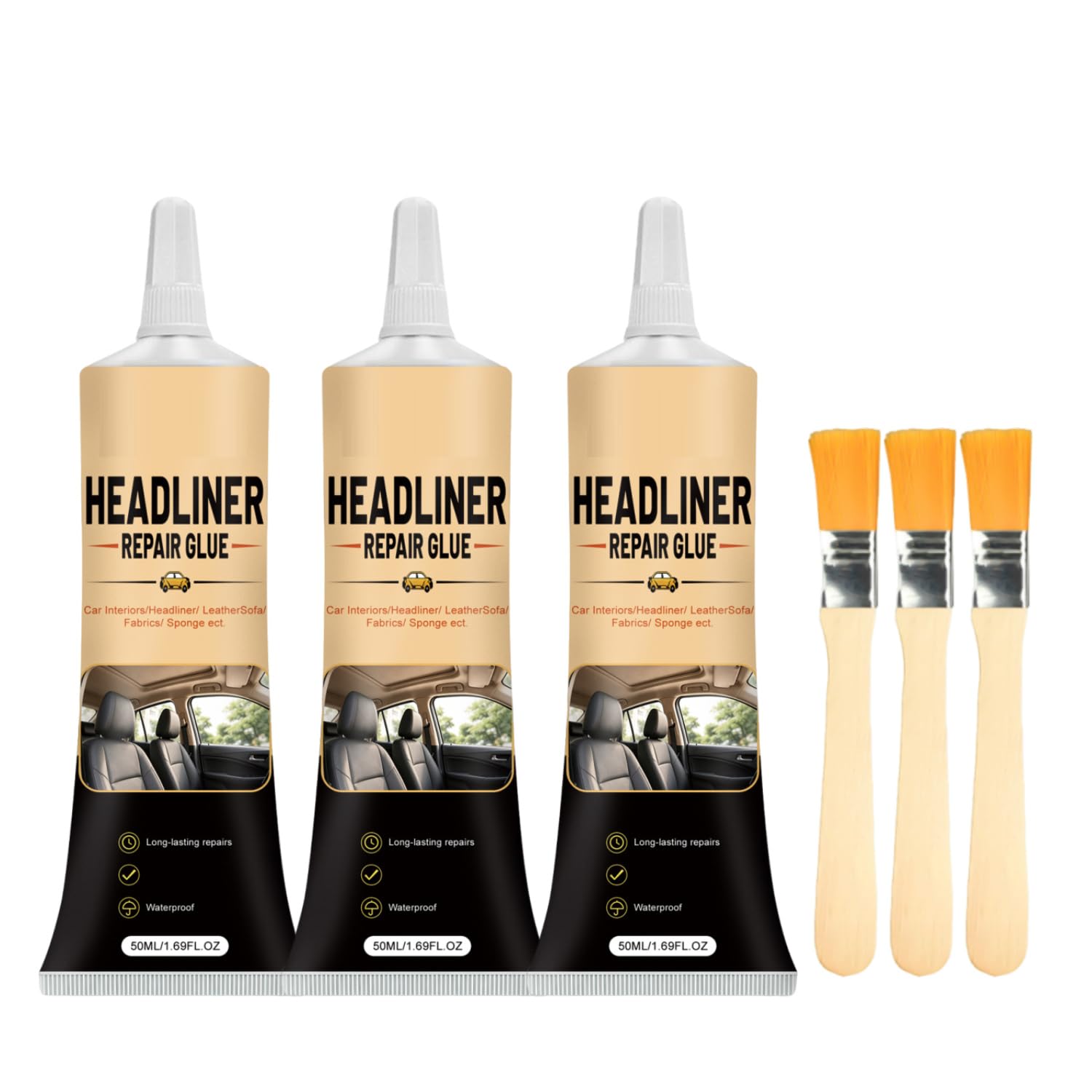 Waterproof Car Headliner Repair Glue, High Strength Adhesive for Sagging Car Ceiling & Interior, Heavy Duty Leather & Roof Fabric Repair Kit with Applicator (3pcs)