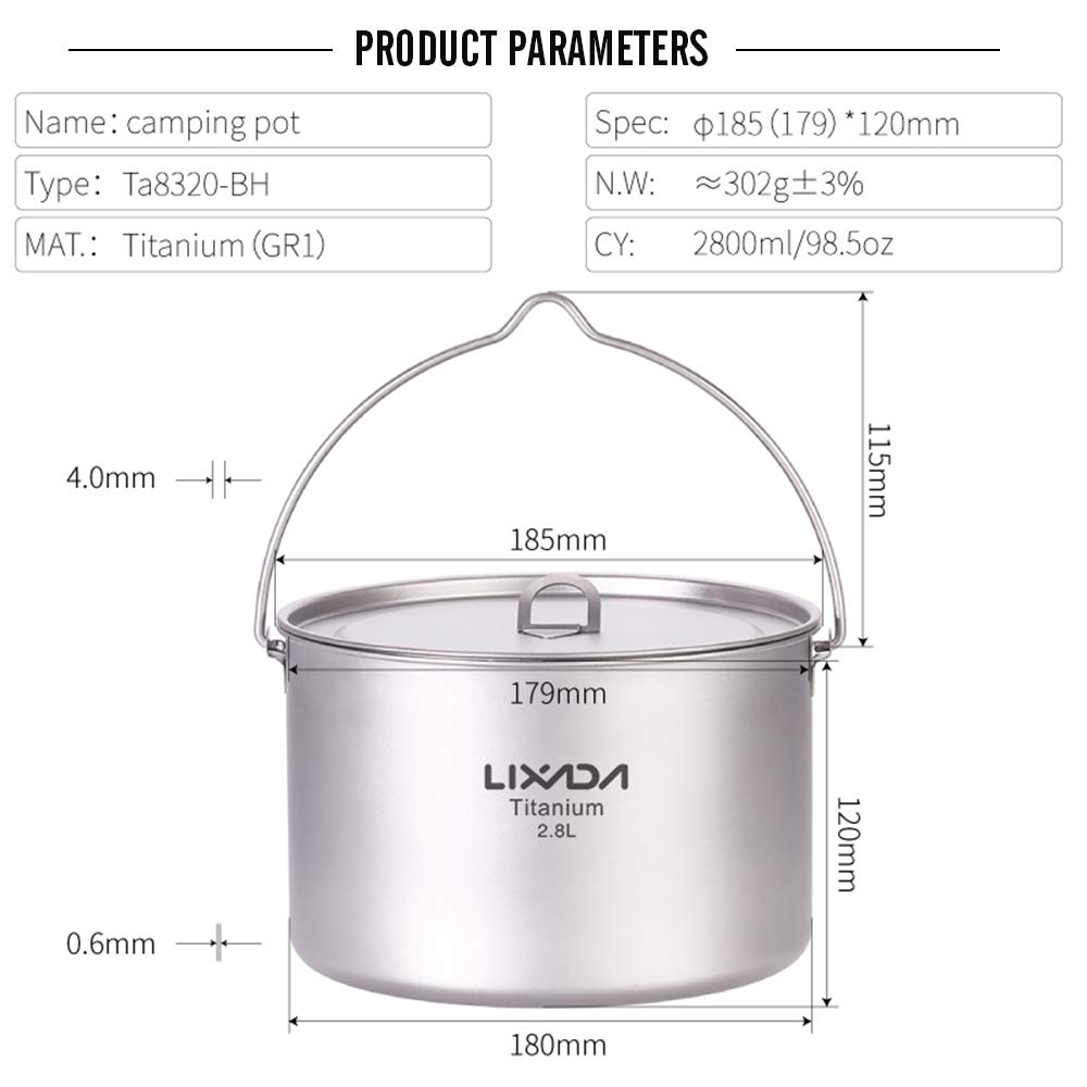 Lixada Topf aus Titanium, 2800ml Camping Titan Pot, Tragbarer Hängetopf mit Deckel, für Outdoor, Camping, Kochgeschirr, Picknick, Ultraleicht 302g