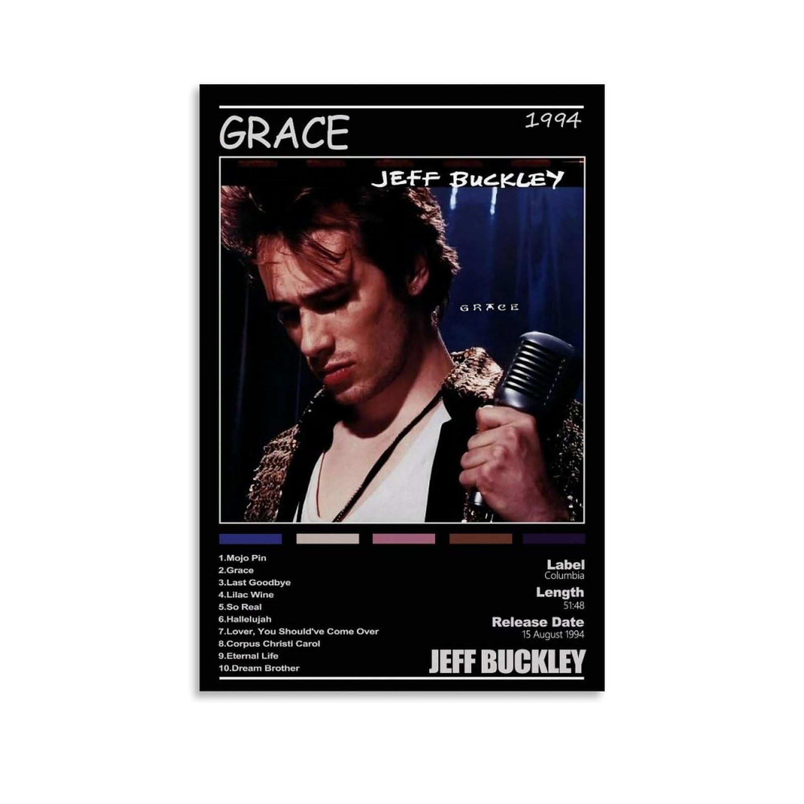 Whbaq Unframe-Style Jeff Poster Buckley Album Grace Poster Canva Colourfast Wall Art Decorative Painting For Living Room Bedroom Home Decor 08X12inch(20X30cm)