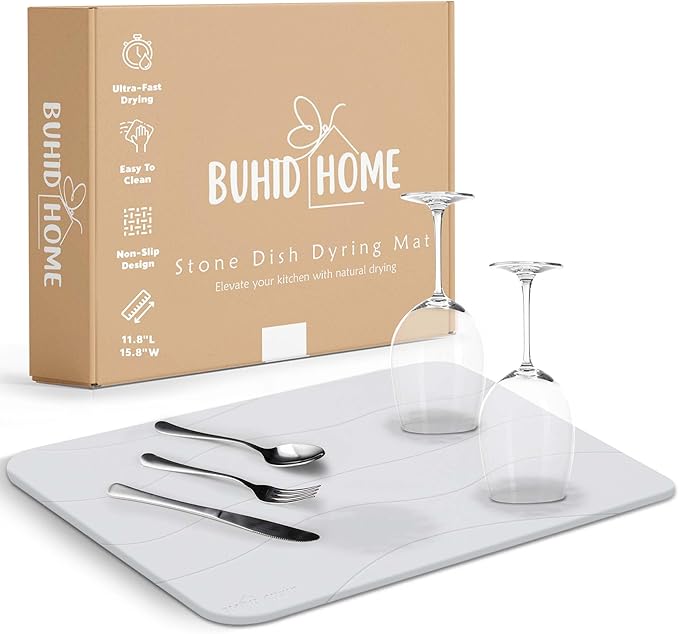 Stone Dish Drying Small Mat for Kitchen Counter - Absorbent Diatomaceous Earth Stone Mat, Fast Dry, Non-Slip & Heat Resistant Stone Mat - White Stone Mat for Kitchen 15.75"x11.8"
