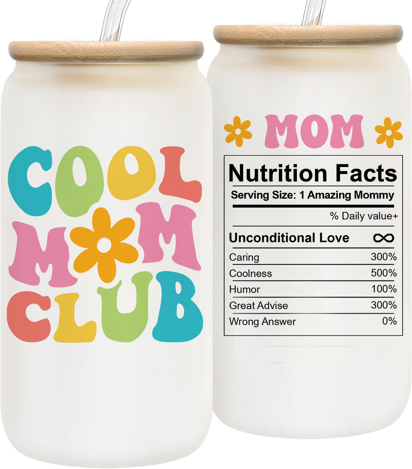 Cool Mom Club 16oz Frosted Glass Cup, Unique Present Birthday Gift for Mom from Daughter, Son, Kids, Cool Mama Cup for New Moms, Cute Mom Christmas Gifts for Mommy