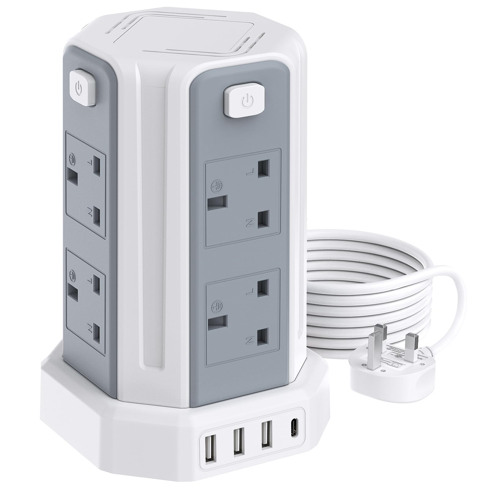 Tower Extension Lead 2M, (13A 3250W) 4 USB Ports and 8 Way Extension Tower, Surge Protection Extension Lead with 4 Independent Control Switch, Extension Cable for Home, Office, Kitchen