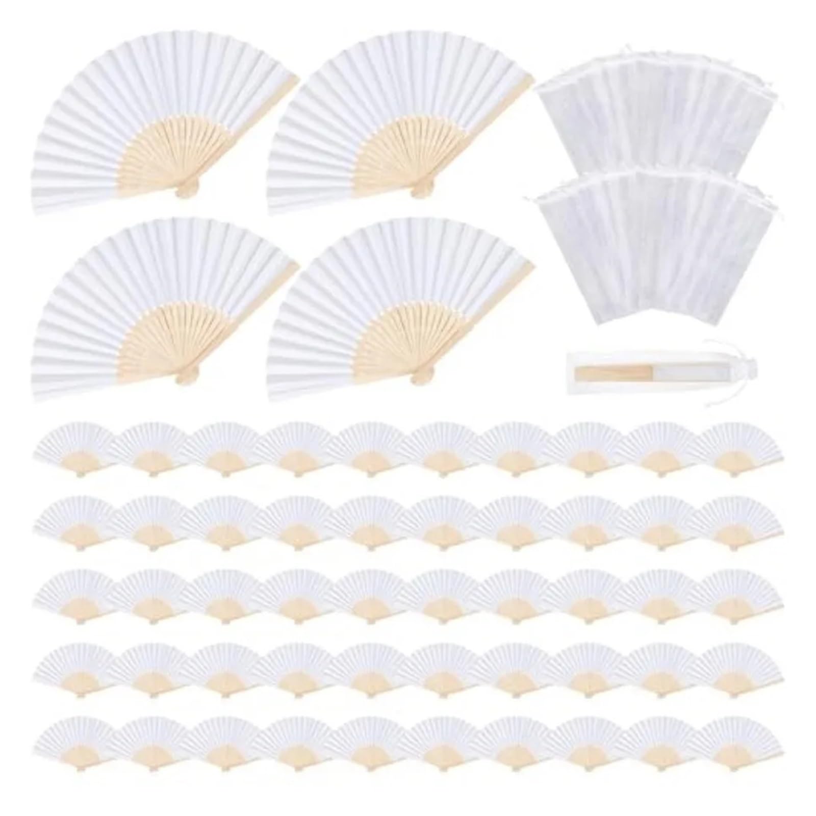 Hochzeits-Handfächer aus weißem Papier, faltbar, mit Organzabeuteln(80pcs)