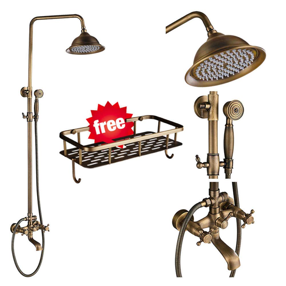 Set Doccia con soffione in Ottone Anticato, Composto da soffione a Pioggia da 20 cm, Miscelatore a Doppia Maniglia e Doccia a Parete. Un Elegante aggiornamento per Il Bagno.