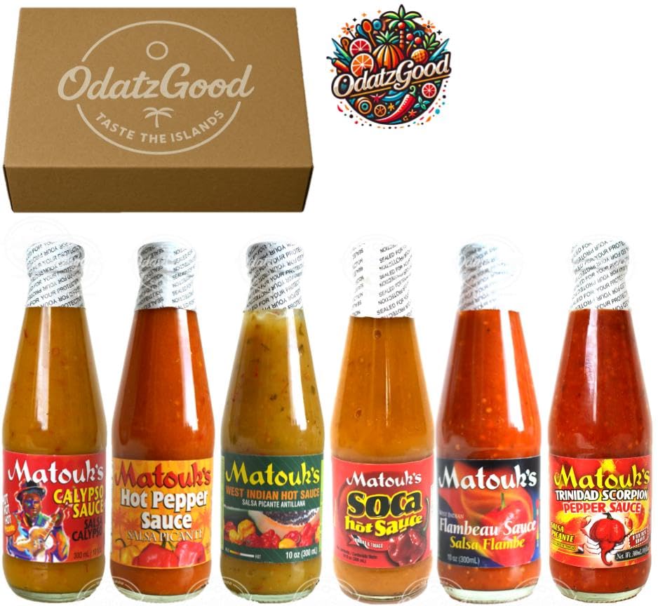 Matouk’s Caribbean Heatwave Calypso, Hot Pepper, West Indian,Soca, Flambeau & Trinidad Scorpion Pepper Sauce 6-Pack – Product of Trinidad & Tobago – Curated & Packaged by ODatzGood image 2