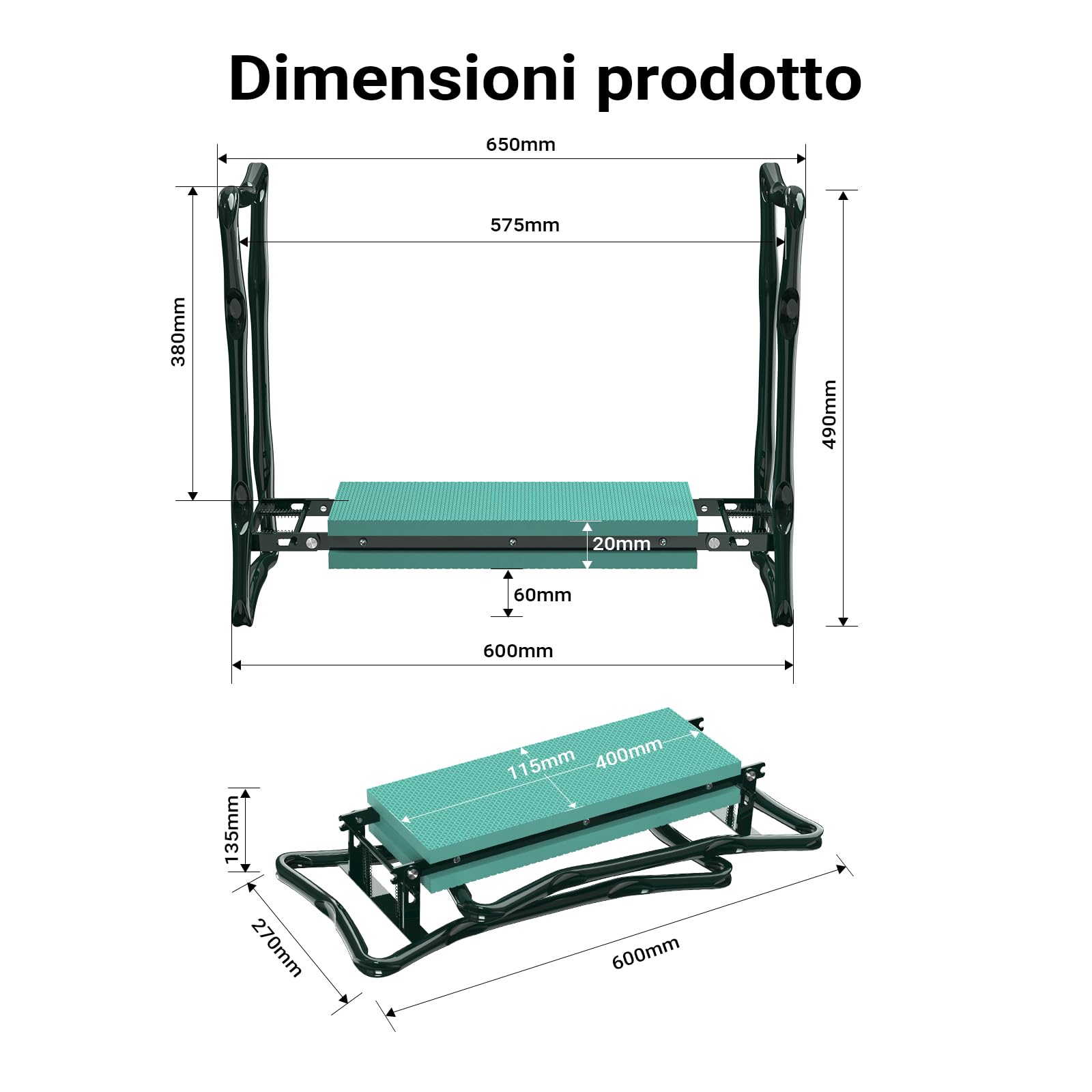 Wiltec Inginocchiatoio imbottito da giardino pieghevole con borsa per attrezzi Sgabello Max 150 kg