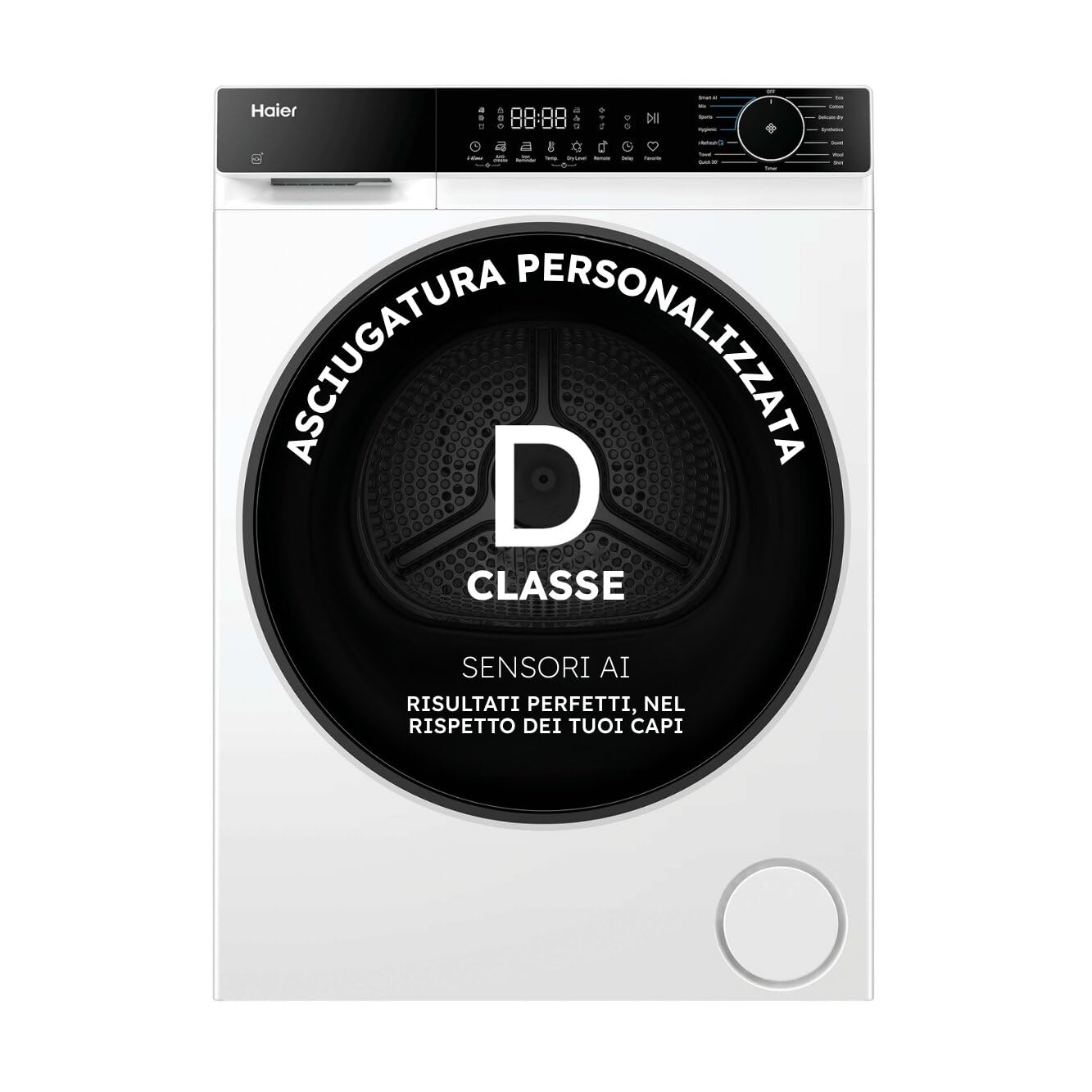 Haier X Serie 5 Asciugatrice a Pompa di Calore 9 Kg, Classe D, Bianca | Ciclo Refresh, Smart AI, Hygienic Care, Filtro 3in1, Wi-Fi, App hOn, Libera Installazione, 64 dB, HD90-D357U1-IT