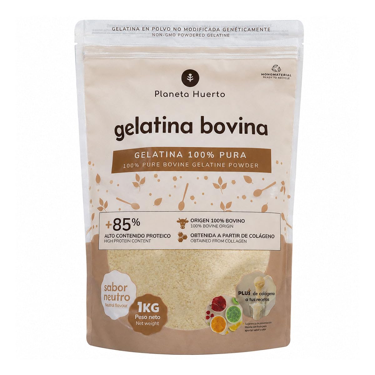 Gelatina bovina neutra in polvere, fonte di collagene, pianeta orto, 1 kg