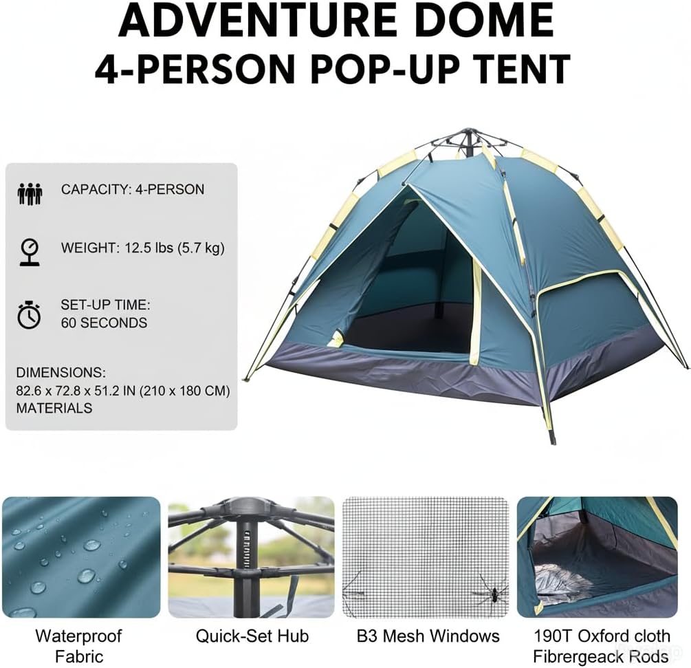 3-Person Camping Tent, Plug and Play Tent, Fully Automatic Waterproof Family Camping Tent,