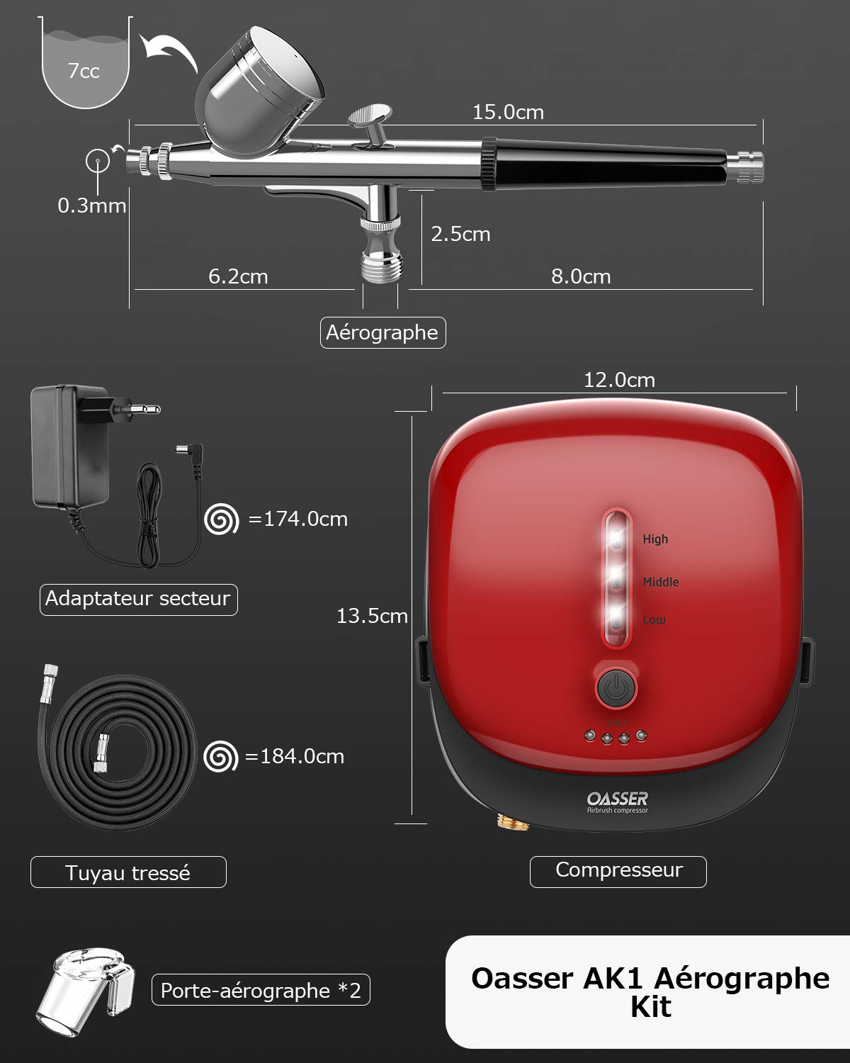 Oasser Kit Aérographe, Compresseur Aerographe Portable Rechargeable Haute Précision Mini Compresseur d'Air Pression Réglable pour Modelisme, Cosmétiques, Stylisme, Peinture, Rouge