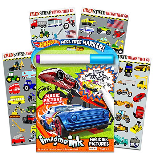 Hot Wheels Imagine Ink Coloring Book Set for Kids Toddlers -- Mess Free Magic Ink Coloring Book with 160 Crenstone Stickers (No Mess Coloring Bundle)