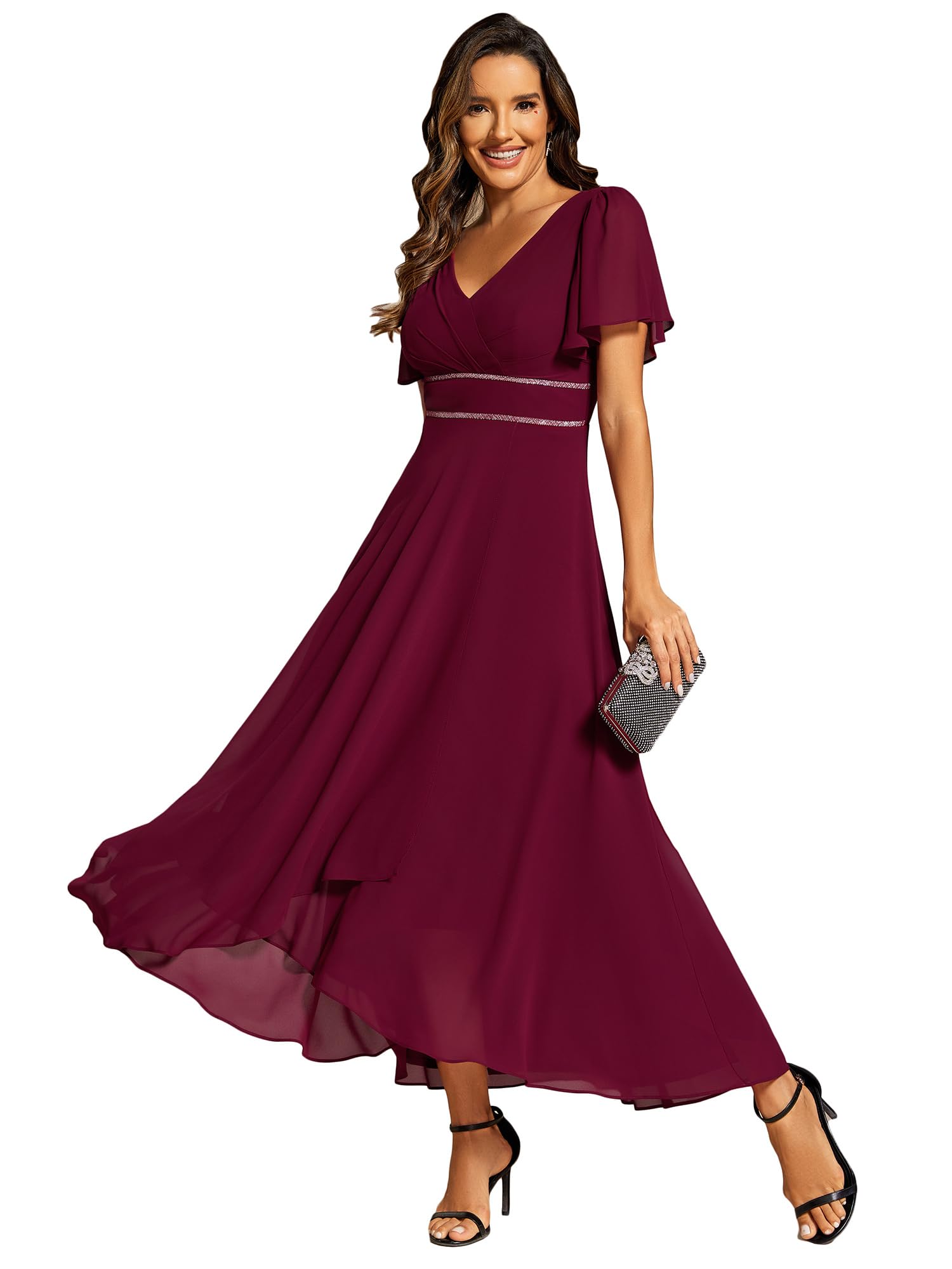Ever-Pretty Vestido de Noche para Mujer Largo Gasa Mangas con Volantes Cuello en V para Ceremonia EE41981-P