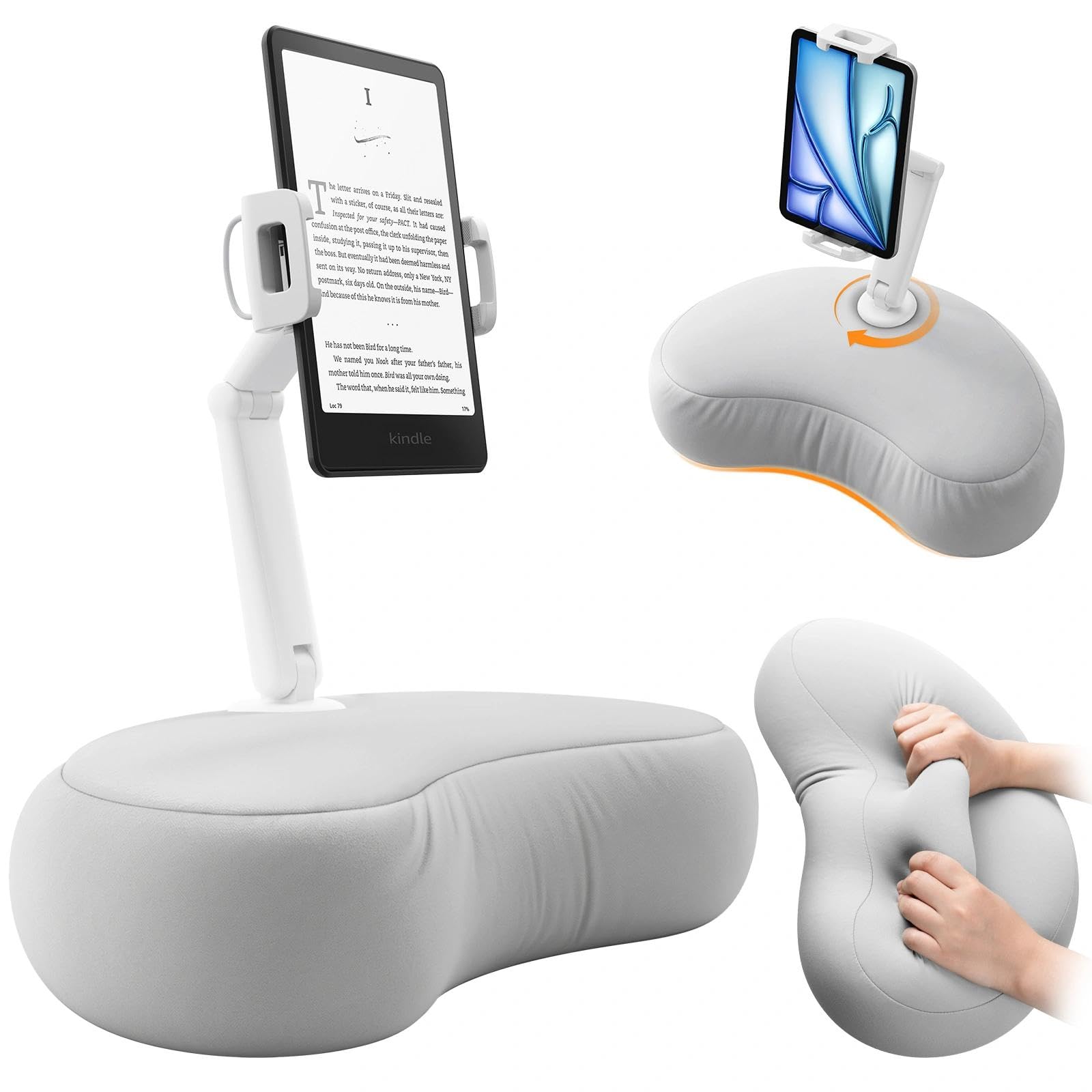 SAIJI Supporto per Kindle per iPad, compatibile con Kindle da 4,7"-15,6", telefono, iPad, supporto regolabile a 360° per tablet, con braccio flessibile a doppio asse e cuscino in microperline (grigio)