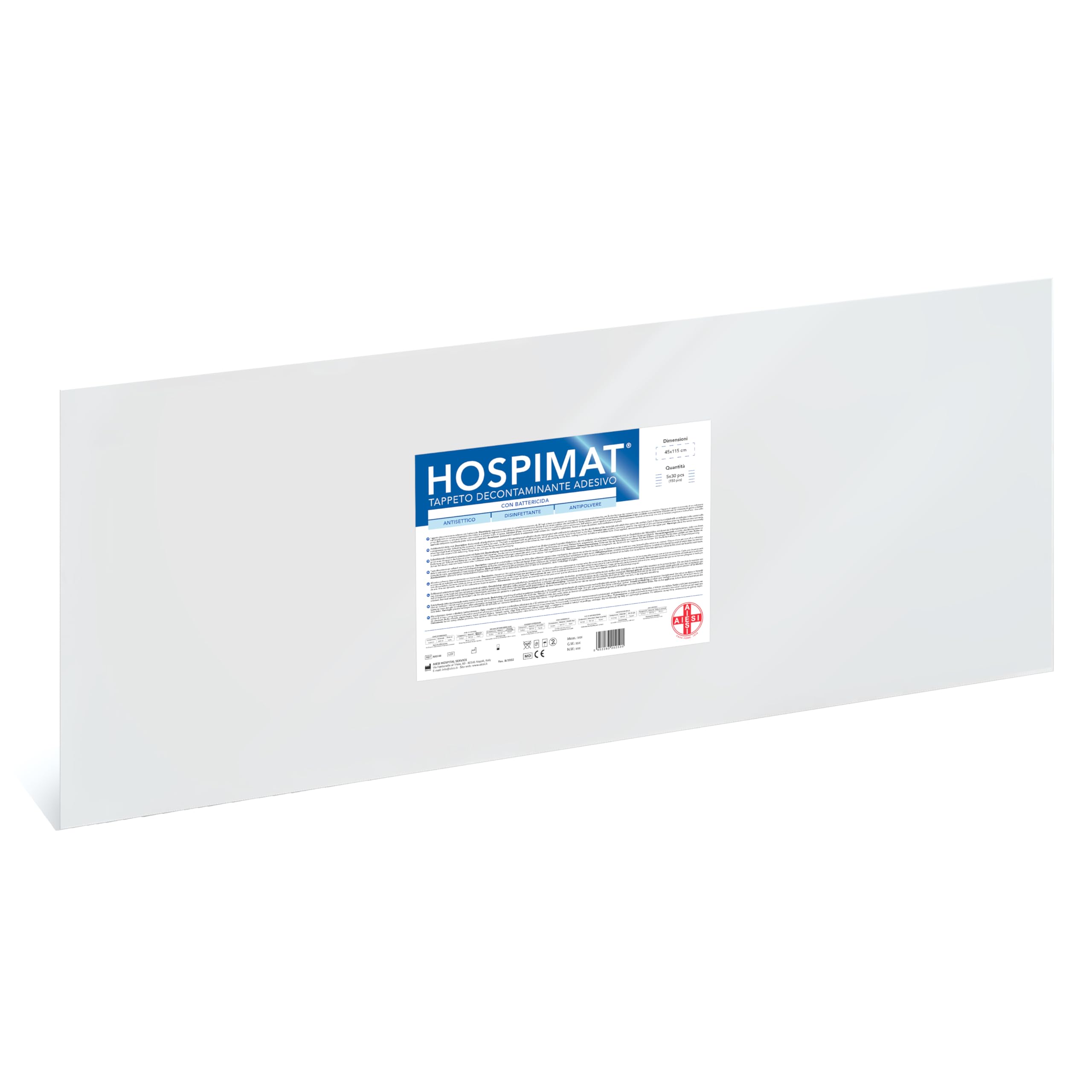 AIESI® Tappeto Decontaminante adesivo 60x115 cm (5 tappeti da 30 strati) a strappo con battericida HOSPIMAT