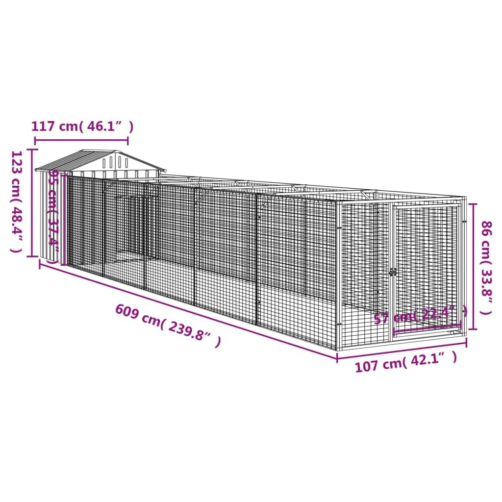 Hundehütte mit Dach Anthrazit 117x609x123 cm aus verzinktem Stahl wetterfest und Winterfest für Outdoor und Indoor Schutz, langlebiges Hundehäuschen mit Auslauf für Welpen und große Hunde