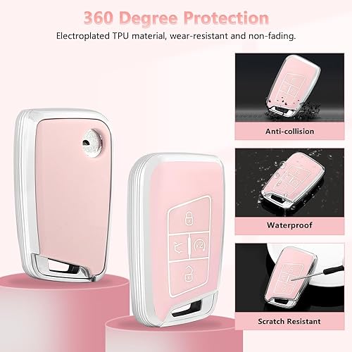 Miniatura 6 de PIFOOG Funda para llavero para VW Volkswagen, accesorios Atlas Tiguan Jetta GLI Taos Arteon 4 botones para llaves de coche, carcasa rosa brillante,